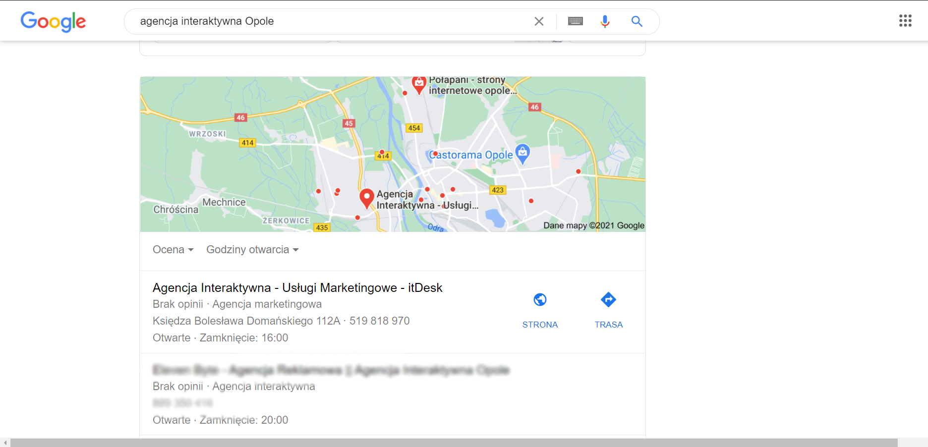 Wyniki wyszukiwania agencji marketingowej w Google Maps
